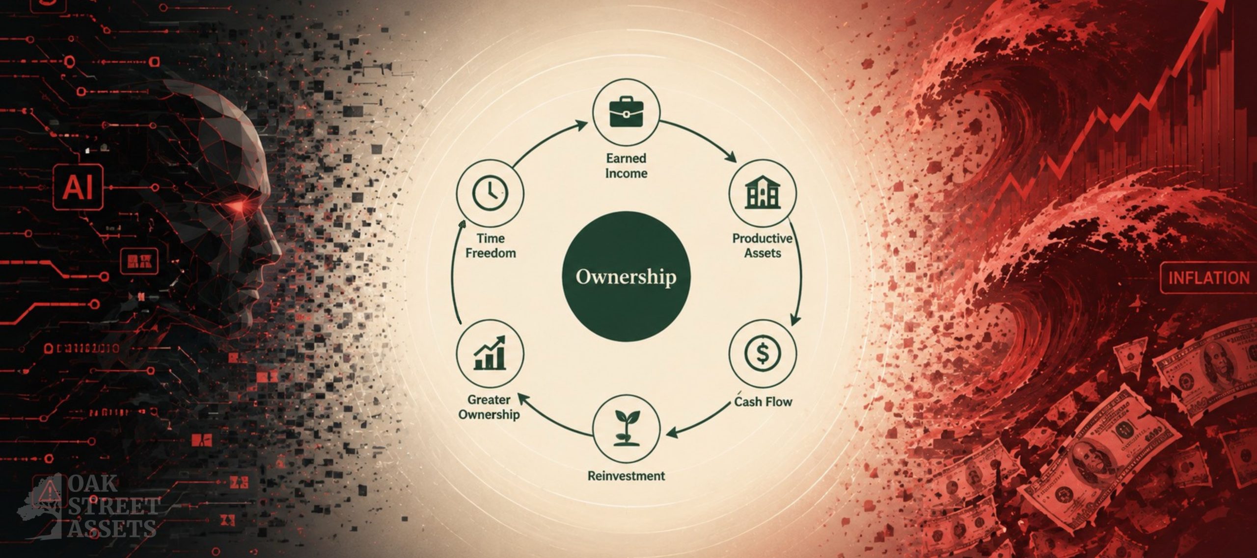 Income to Ownership Flywheel - Earned Income, Productive Assets, Cash Flow, Reinvestment, Greater Ownership, Time Freedom - Oak Street Assets