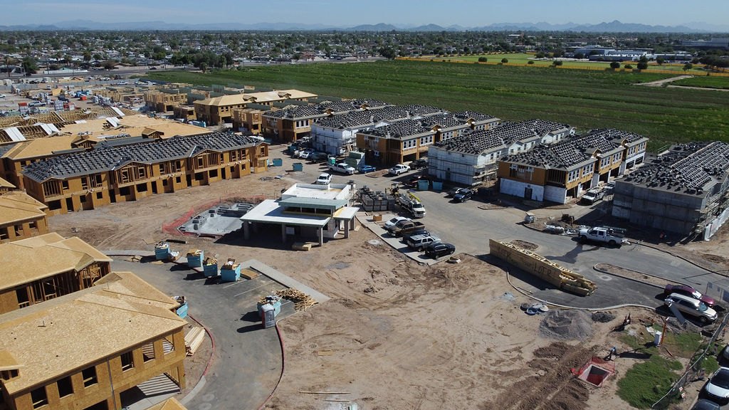 Aerial view of a build to rent townhome community in the Phoenix Valley